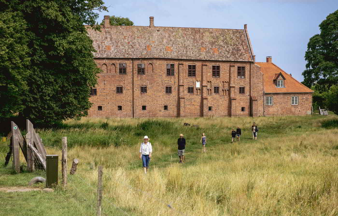 Eine Gruppe Menschen wandert über die Wiese vor dem Esrum Kloster.