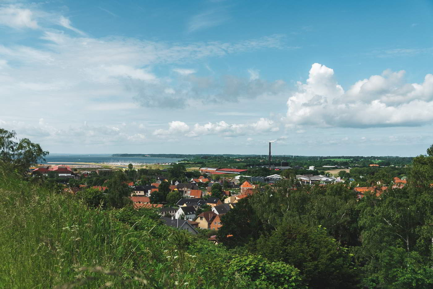 View of the roofs of Frederiksværk from a hill with the sea in the background