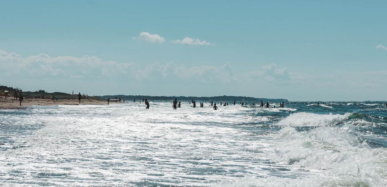 Children and adults frolic in the waves at Tisvildeleje Beach in North Zealand, Denmark.